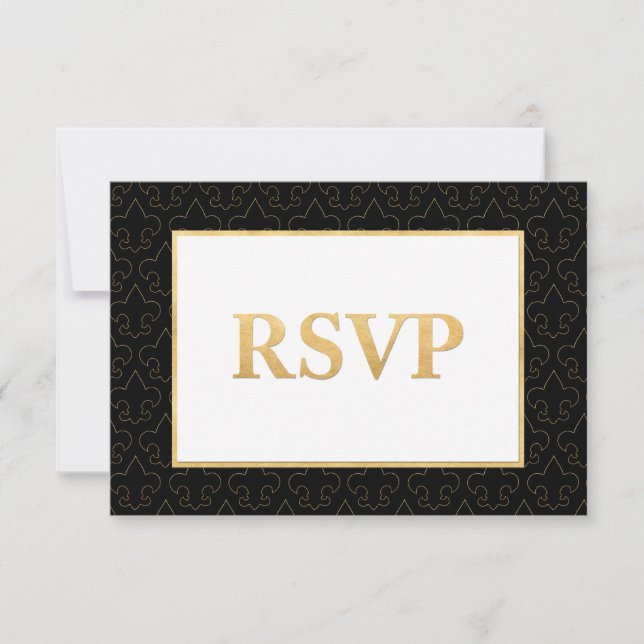 Black & Gold Fleur De Lis Wedding RSVP Card (Front)