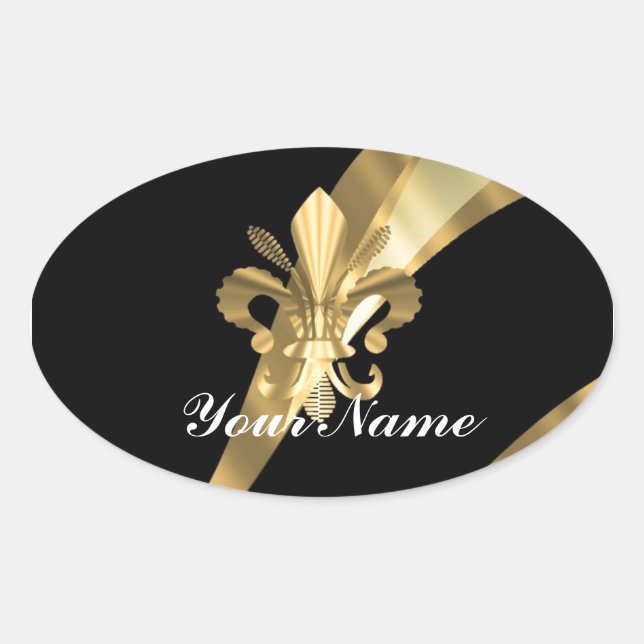 Black & gold fleur de lys oval sticker (Front)