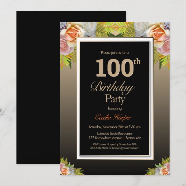 Black Gold Floral 100th Birthday Party Invitation (Front/Back)