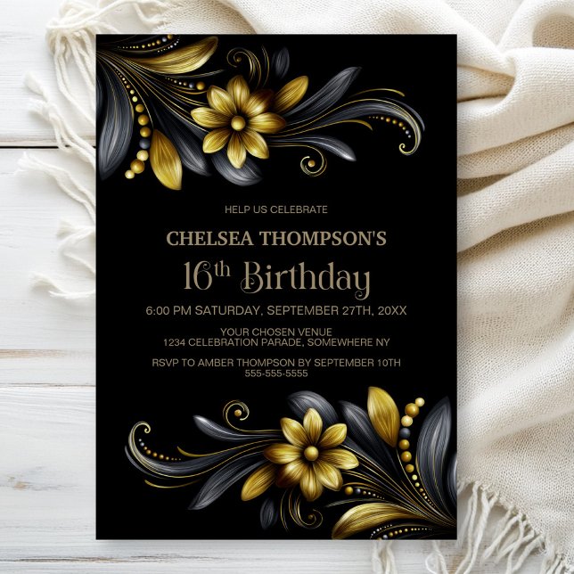 Black Gold Floral 16th Birthday Party Invitation (Creator Uploaded)