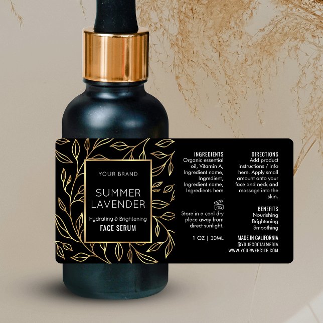 Black & Gold Floral 1 OZ Cosmetic Bottle Label (Elegant black and gold floral design small cosmetic bottle label)