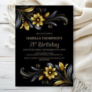 Black Gold Floral 21st Birthday Party Invitation