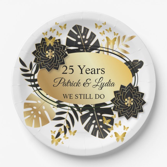 Black & Gold Floral 25th Anniversary - WE STILL DO Paper Plate (Front)