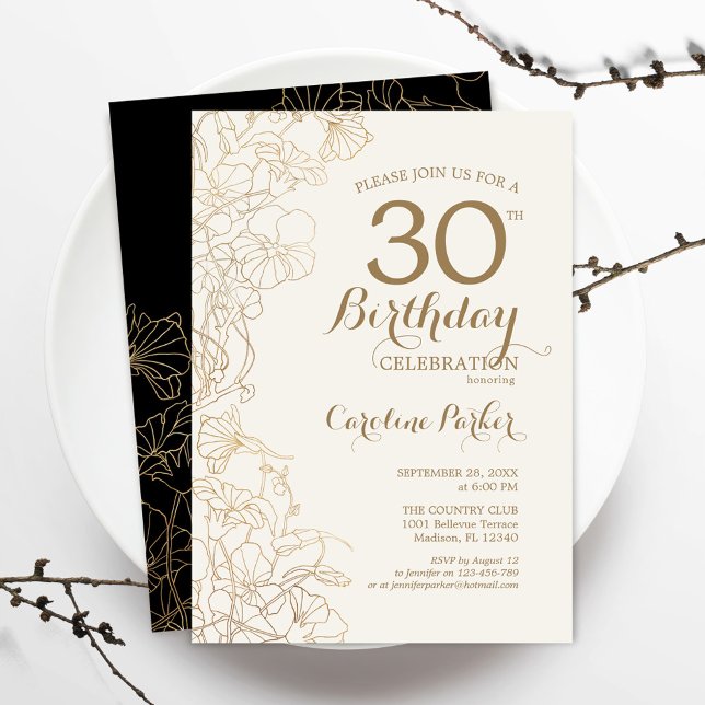 Black Gold Floral 30th Birthday Party Invitation (Creator Uploaded)