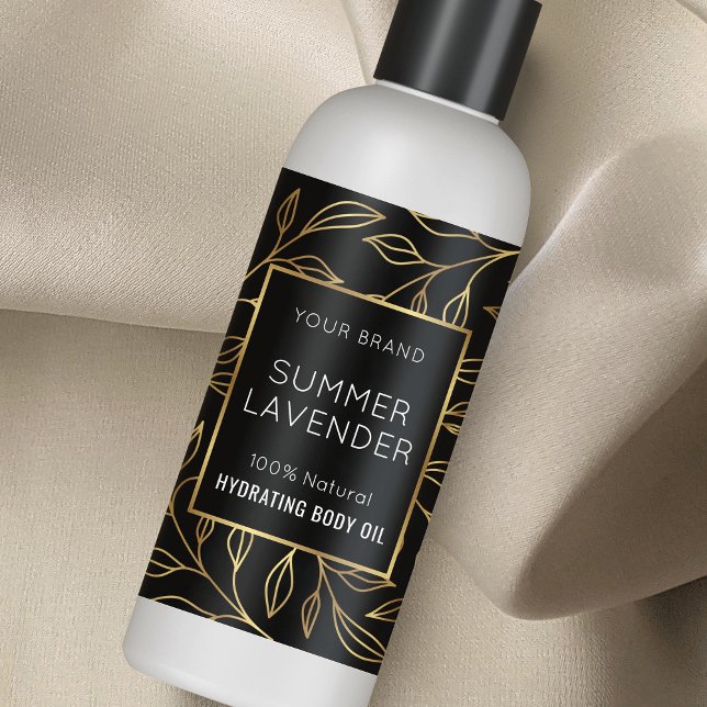 Black & Gold Floral 4 OZ Cosmetic Bottle Label (Elegant black and gold botanical design skincare bottle wraparound label template)