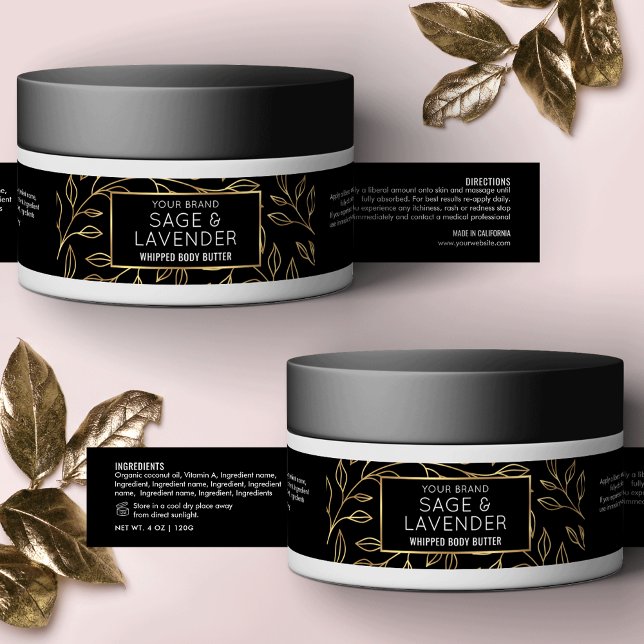 Black & Gold Floral 4 OZ Skincare Cosmetic Jar Wrap Around Label (Modern black and gold effect cosmetic jar wraparound label template with floral background)