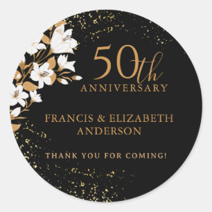 Black Gold Floral 50th Wedding Anniversary Classic Round Sticker