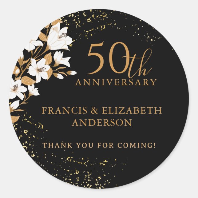 Black Gold Floral 50th Wedding Anniversary Classic Round Sticker (Front)