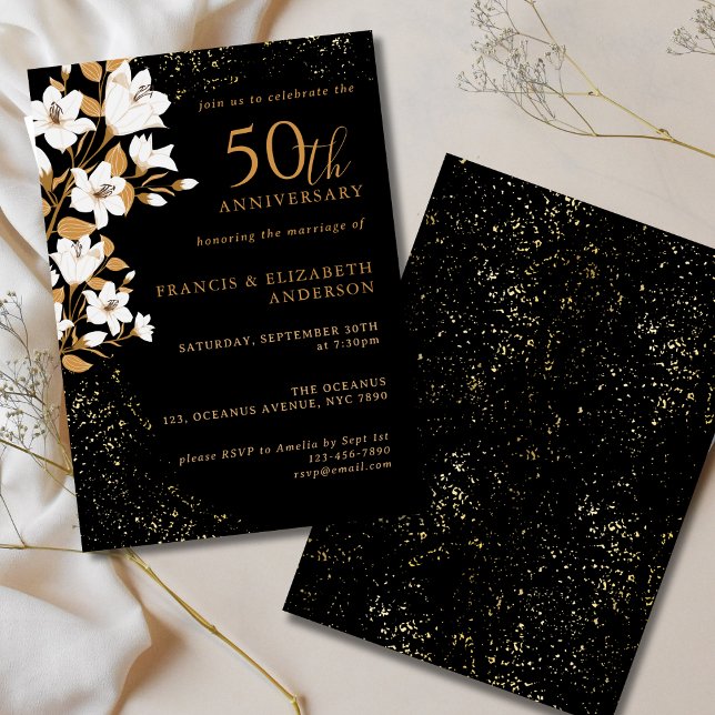 Black Gold Floral 50th Wedding Anniversary Invitation (Creator Uploaded)