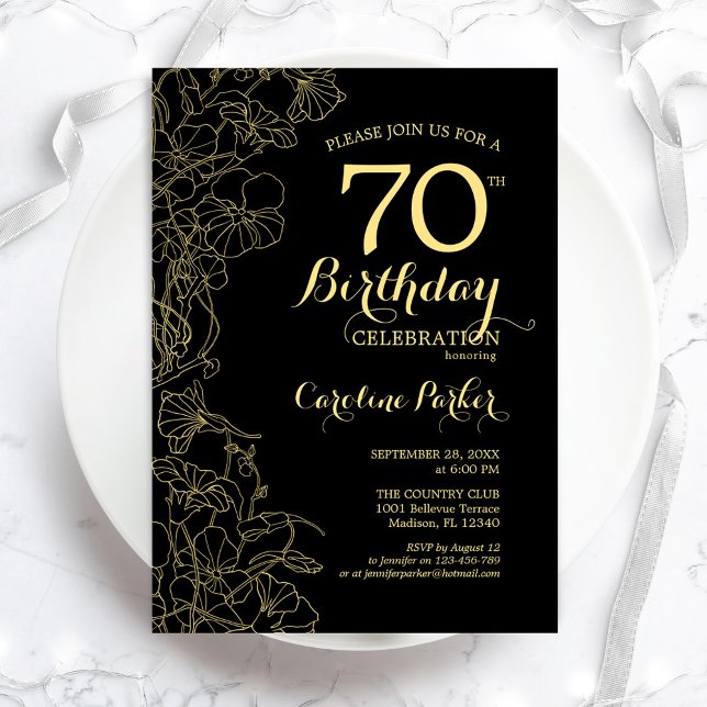 Black Gold Floral 70th Birthday Party Invitation (Creator Uploaded)