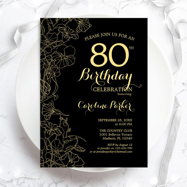 Black Gold Floral 80th Birthday Party Invitation (Creator Uploaded)