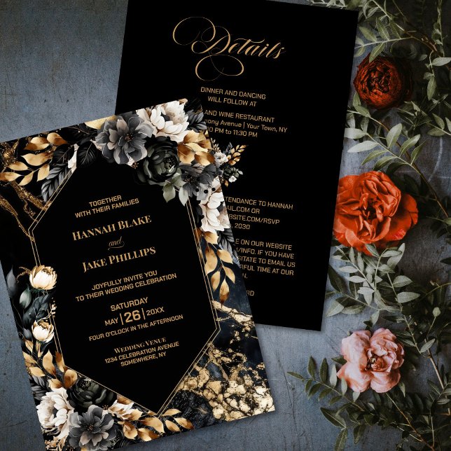 Black Gold Floral All In One Geometric Wedding Invitation (Creator Uploaded)