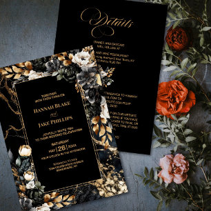 Black Gold Floral All In One Wedding Invitation