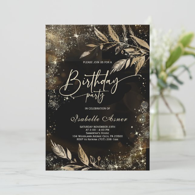 Black Gold Floral Birthday Party Invitations (Standing Front)