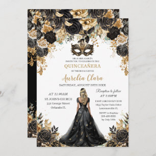 Black Gold Floral Blonde Masquerade Quinceañera Invitation