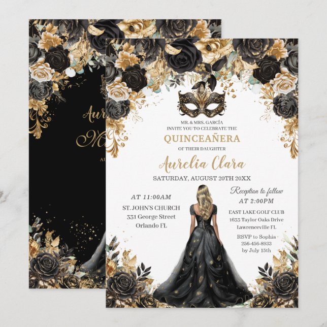Black Gold Floral Blonde Masquerade Quinceañera Invitation (Front/Back)
