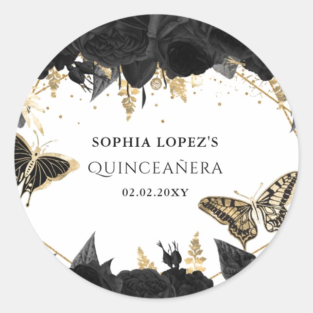 Black Gold Floral Butterflies Quinceanera   Classic Round Sticker (Front)