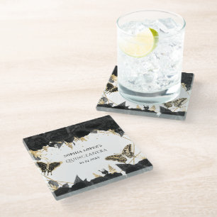 Black Gold Floral Butterflies Quinceanera   Glass Coaster