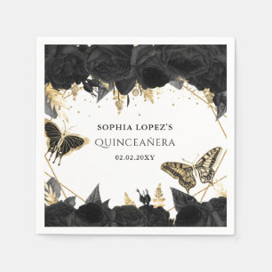 Black Gold Floral Butterflies Quinceanera Napkin