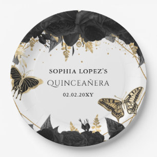 Black Gold Floral Butterflies Quinceanera  Paper Plate