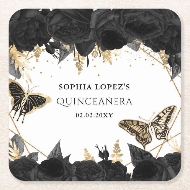 Black Gold Floral Butterflies Quinceanera   Square Paper Coaster (Front)