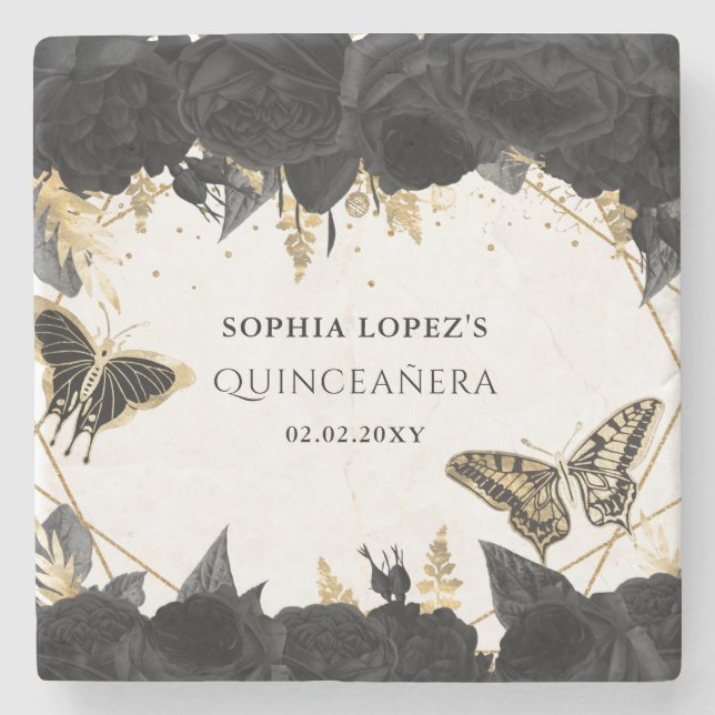 Black Gold Floral Butterflies Quinceanera    Stone Coaster (Front)
