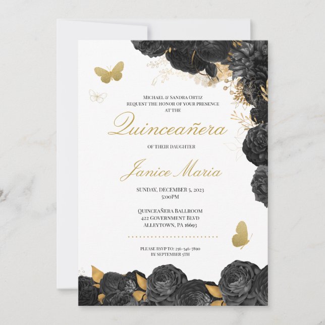 Black & Gold Floral Butterfly Elegant Quinceañera Invitation (Front)