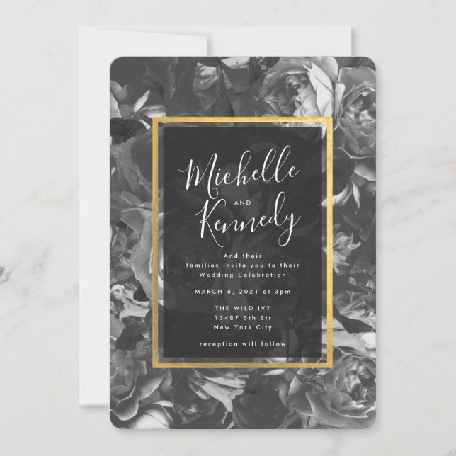 Black Gold Floral Calligraphy Wedding Invitation (Front)