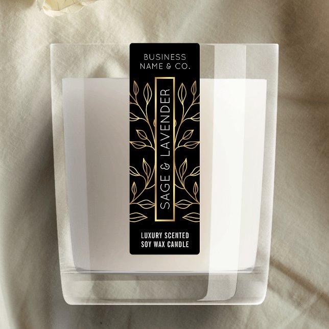 Black & Gold Floral Candle Skinny Vertical Label (Elegant black and gold effect skinny vertical candle jar label)