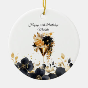 Black Gold Floral Cocktail Drinks 40th Birthday Ceramic Tree Decoration