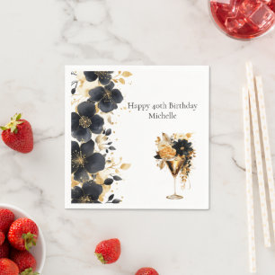 Black Gold Floral Cocktail Drinks 40th Birthday Napkin