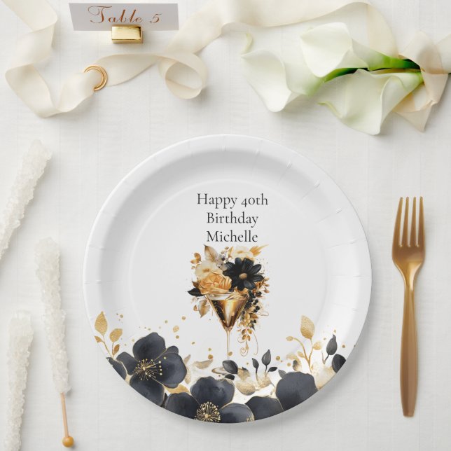 Black Gold Floral Cocktail Drinks 40th Birthday Paper Plate (Wedding)