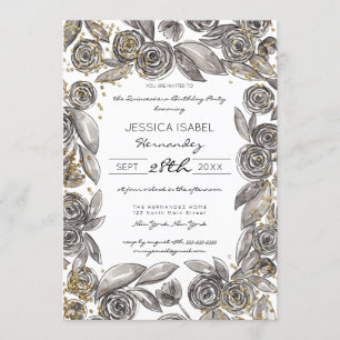 Black Gold Floral Confetti Watercolor Quinceañera Invitation