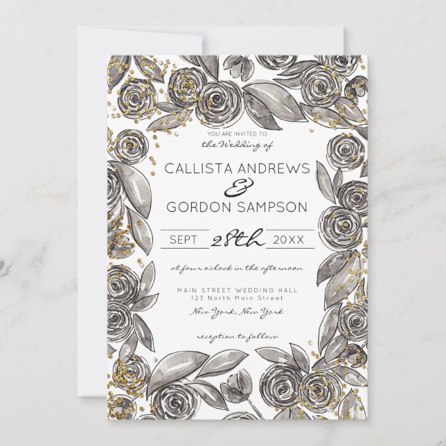 Black Gold Floral Confetti Watercolor Wedding Invitation (Front)