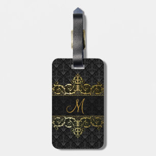 Black & Gold Floral Damask And Frame Monogram Luggage Tag