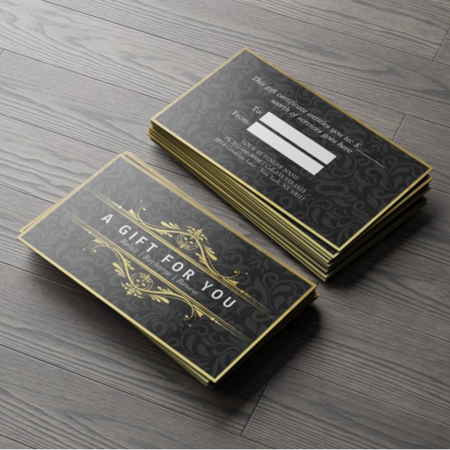 Black & Gold Floral Damask Linen Gift Certificate (Creator Uploaded)