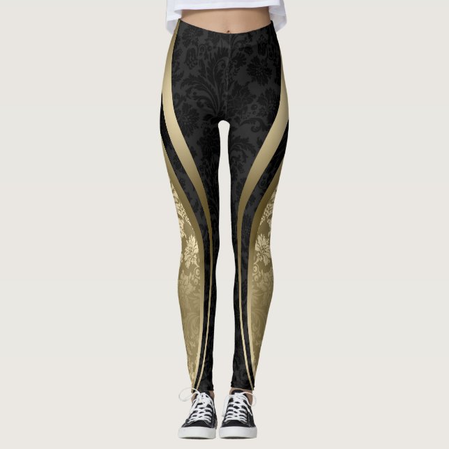 Black & Gold Floral Damasks Geometric Design Leggings (Front)