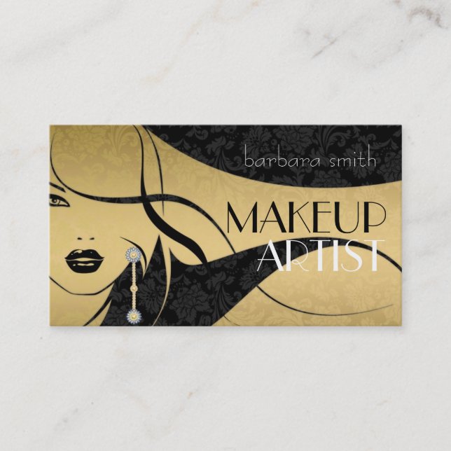 Black & Gold Floral Damasks-Makeup Artist Business Card (Front)