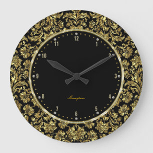 Black & Gold Floral Damasks Monogram Large Clock