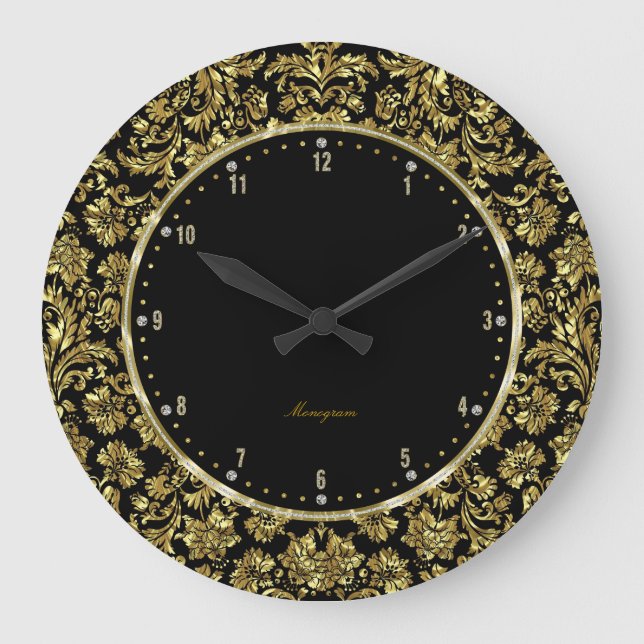 Black & Gold Floral Damasks Monogram Large Clock (Front)