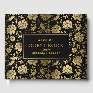Black & Gold Floral Damasks Pattern Guest Book