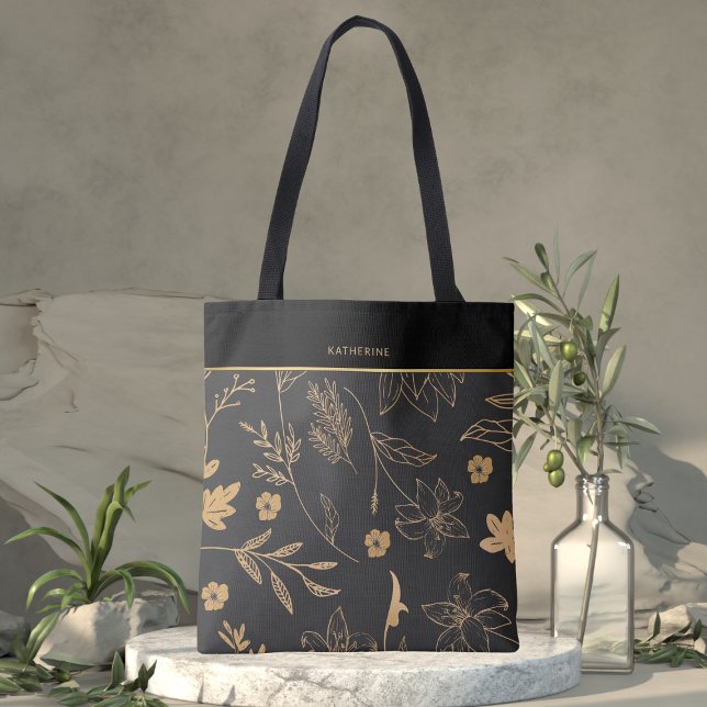 Black Gold Floral Elegant Trendy Stylish Tote Bag (Creator Uploaded)