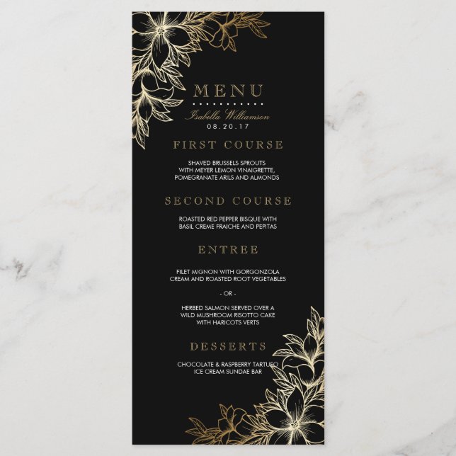 Black & Gold Floral Engagement Party Menu (Front)