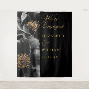 Black Gold Floral Engagement Party Photo Backdrop Tapestry