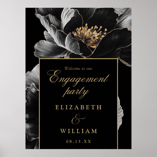 Black Gold Floral Engagement Party Welcome Sign (Front)