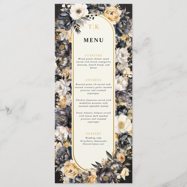 Black & Gold Floral Flat Menu (Front)