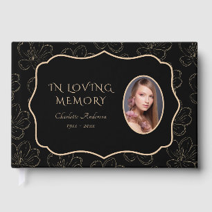 Black Gold Floral Funeral Memorial Photo Guest Book