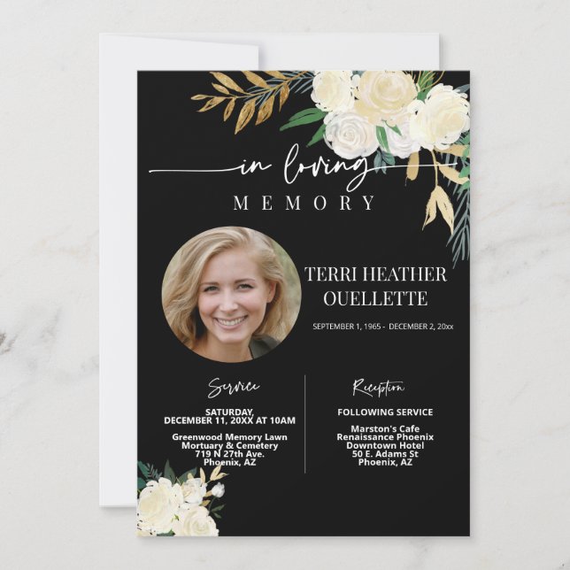Black Gold Floral Funeral Memorial Service Photo Invitation (Front)