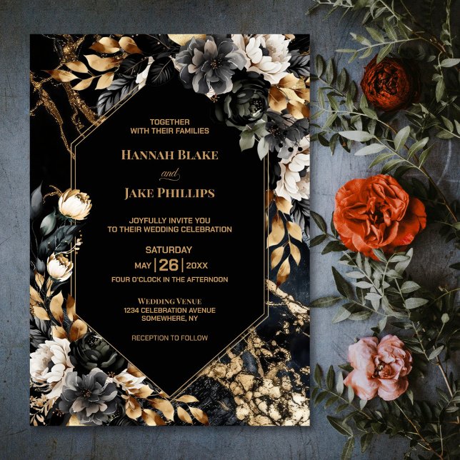 Black Gold Floral Geometric Wedding Invitation (Creator Uploaded)