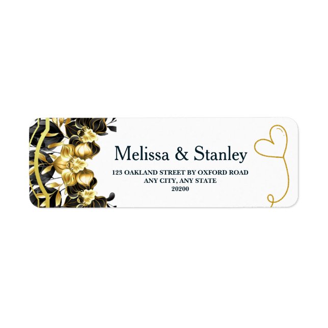 Black Gold Floral Geometric Wedding Return Address (Front)